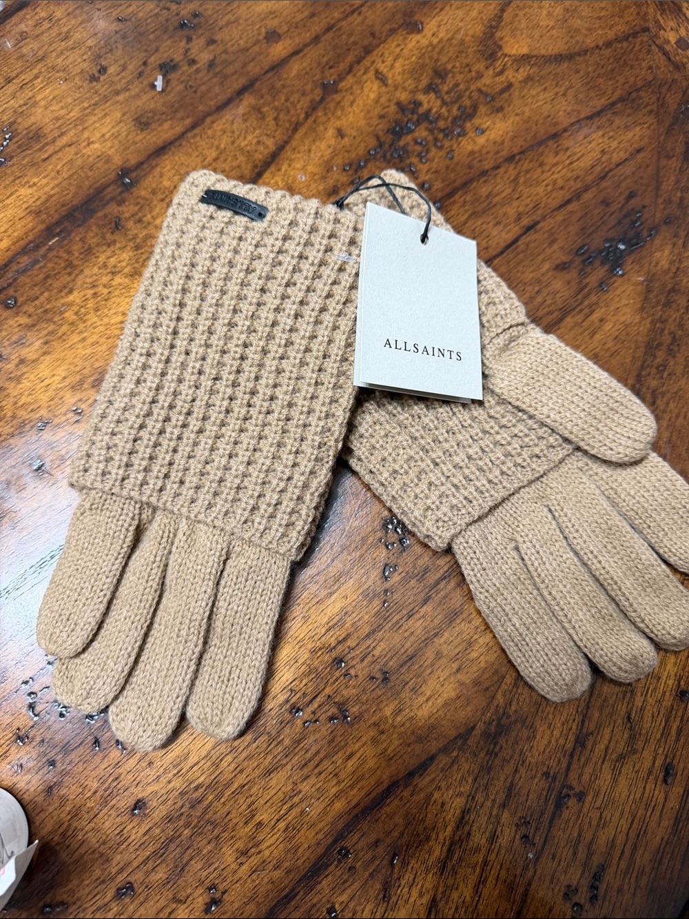 NWT All Saints Gloves Mixed Stitch Knit Wool Blend Outdoor Winter Tanning Brown